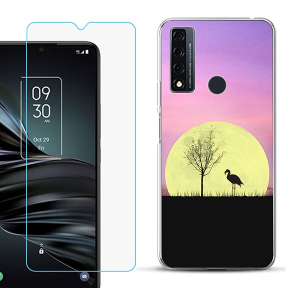 Slim-Fit Fashion Phone Case for TCL 20 XE, with Tempered Glass Screen Protector, by OneToughShield ® - Moonlight Flamingo