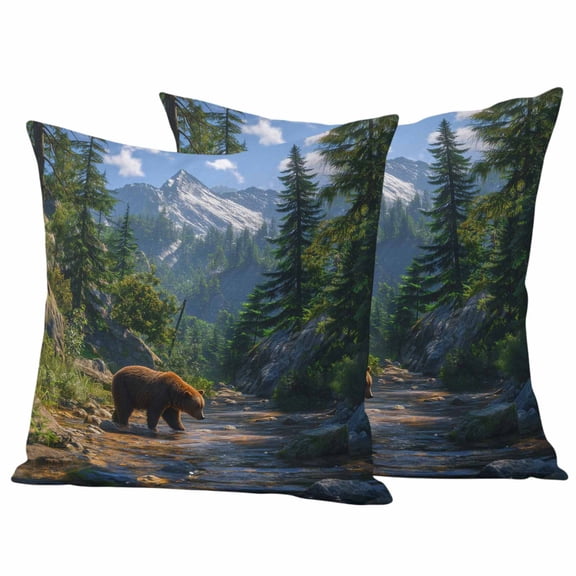 Forests Bears Outdoor Waterproof Pillow Covers, Modern Art Mountain Animals Watercolor Decorative Square Throw Pillowcase Sofa Cushion Sham for Patio/Couch/Chair, 16"x16" 2 Pack