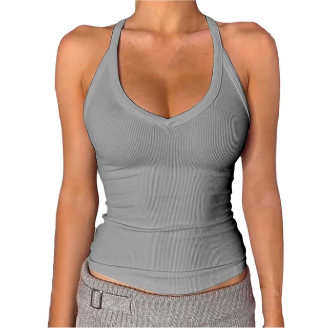 DondPO Womens Tank Tops,Lady V Neck Racer Back Tank Top For Women Padded Ribbed Long Tank Fitted Basic Tops,Halter Tops for Women,Womens Loose Tank Tops Clearance! Gray L Clearance!