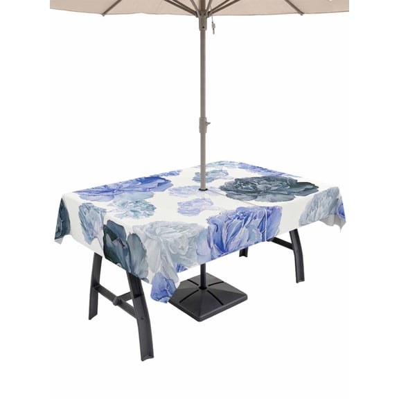 Outdoor Tablecloths with Umbrella Hole & Zipper, Blue Ombre Spring Floral Rectangle Tablecloth 60x120 Inch, Summer Botanical Flowers Waterproof Table Cloth, Patio/Pool/Picnic Table Covers