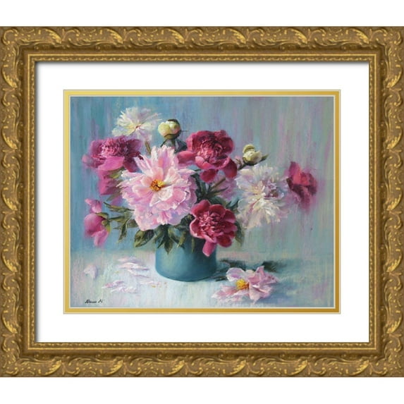 Yukish, Marina 32x26 Gold Ornate Wood Framed with Double Matting Museum Art Print Titled - A Bouquet of Peonies