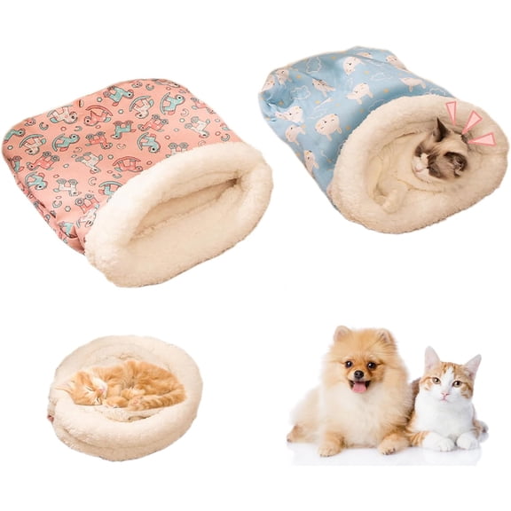 Self Warm Burrow Pet Bed for Cats & Dogs, 2PCS Winter Plush Sleeping Bag with Portable Cat Cave Design, Soft Warm Bed for Small Pets 1-10kg
