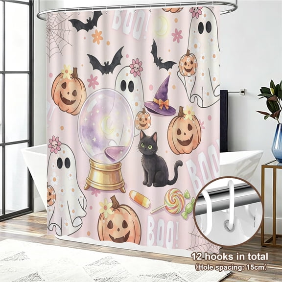 Pink Halloween Shower Curtain, Cute Ghost Crystal Ball Pumpkin Black Bat Boo Shower Curtains for Bathroom Decor Halloween Fabric Bathroom Curtain Set with Hooks, 72x72IN