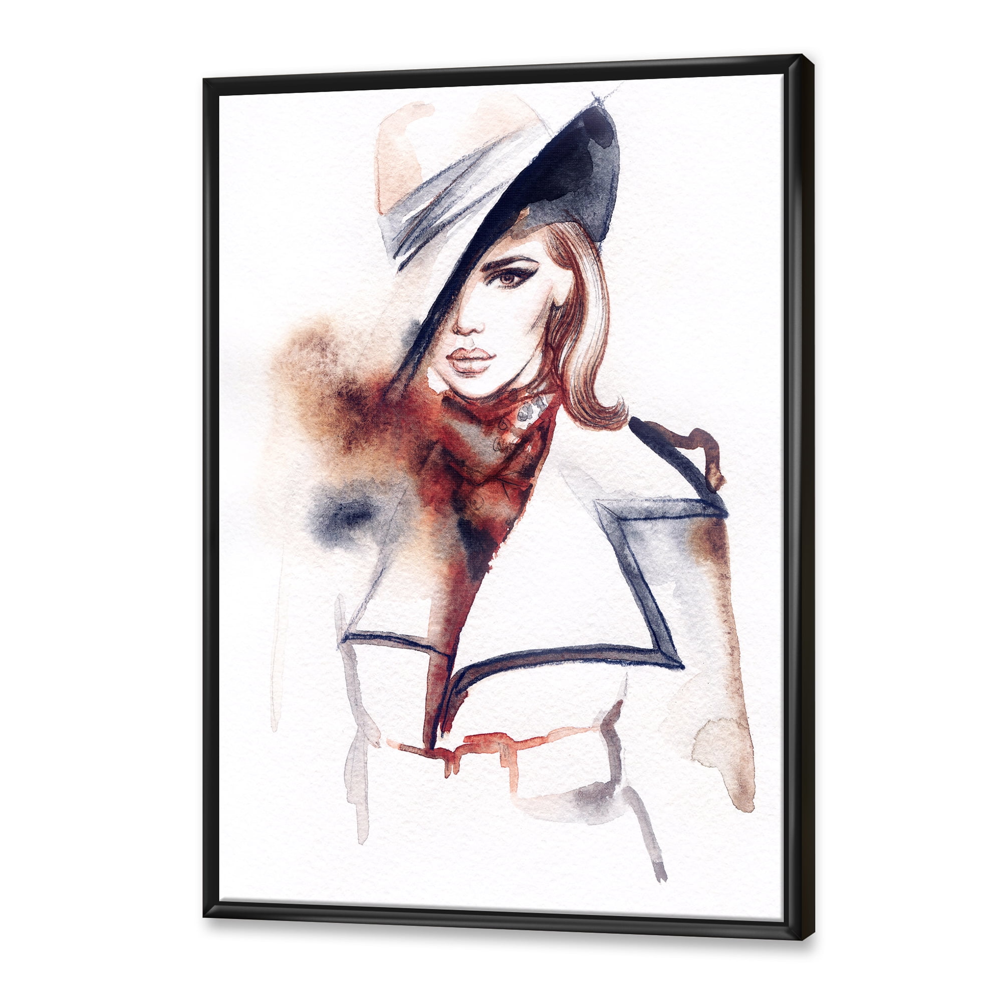 Designart 'Fashion Portrait of Woman Wearing Hat' Modern Framed Canvas Wall Art Print