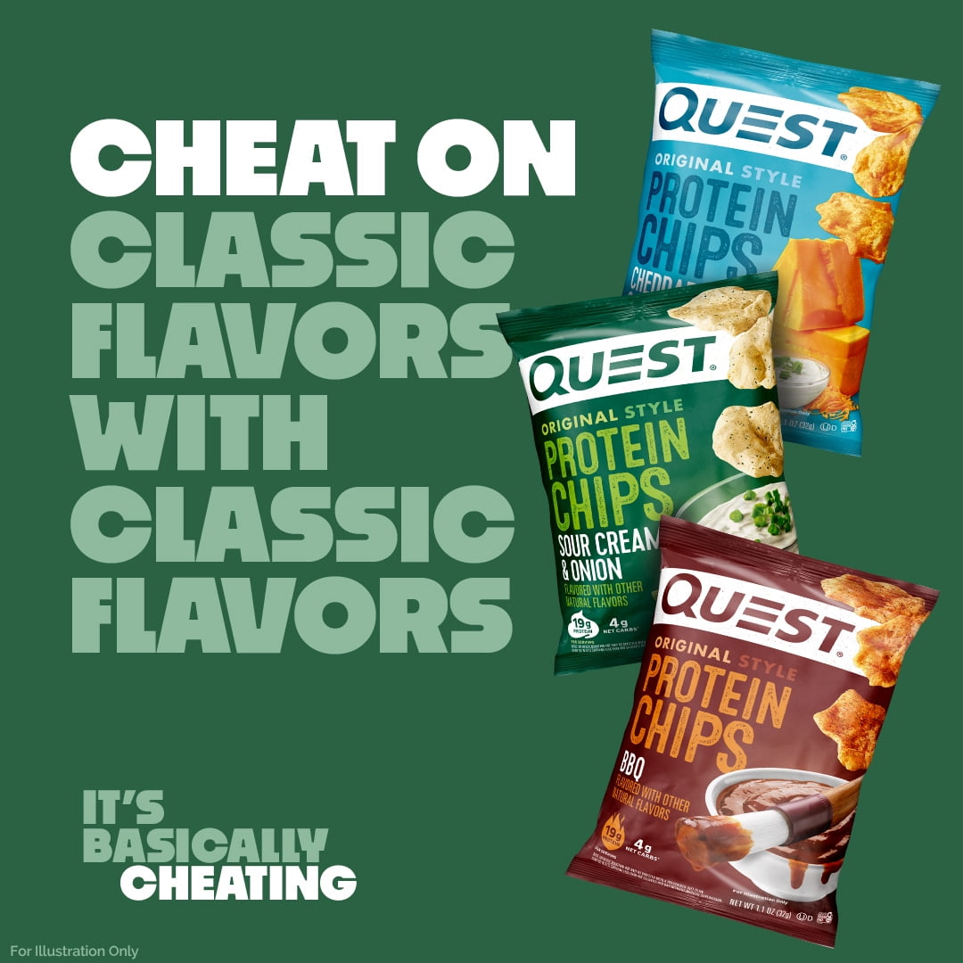 Quest Original Style Protein Chips, Variety Mix; BBQ, Cheddar & Sour Cream, and Sour Cream & Onion, 1.1oz Bags, 12 Count