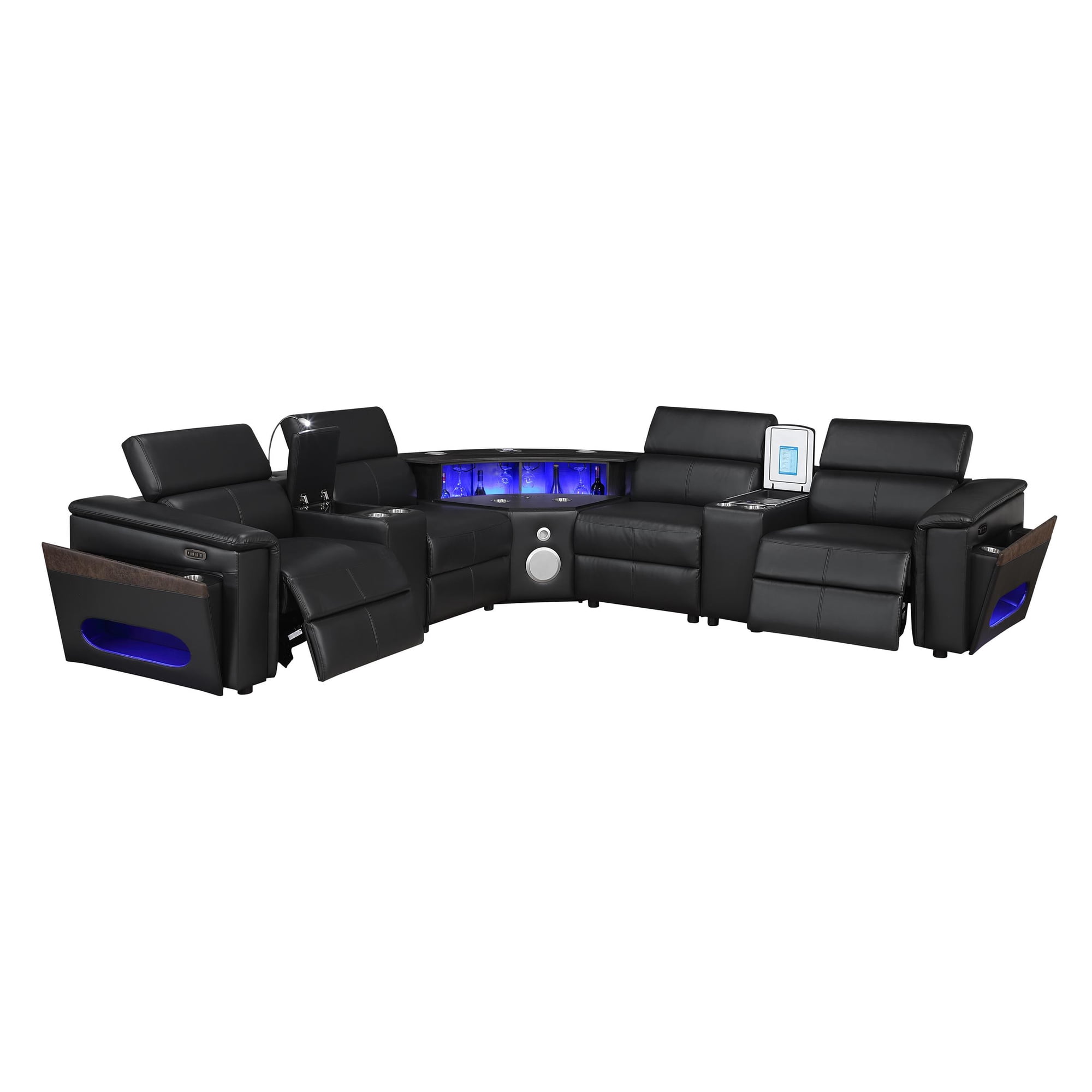 Modern Sectional with 2 Consoles with Reading Light and Fridge-Black