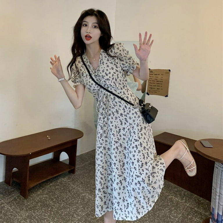 PIKADINGNIS Elegant Floral Midi Dress for Women Korean Chic Printed V-neck Long  Dress Female New Summer Short Sleeve Dresses 