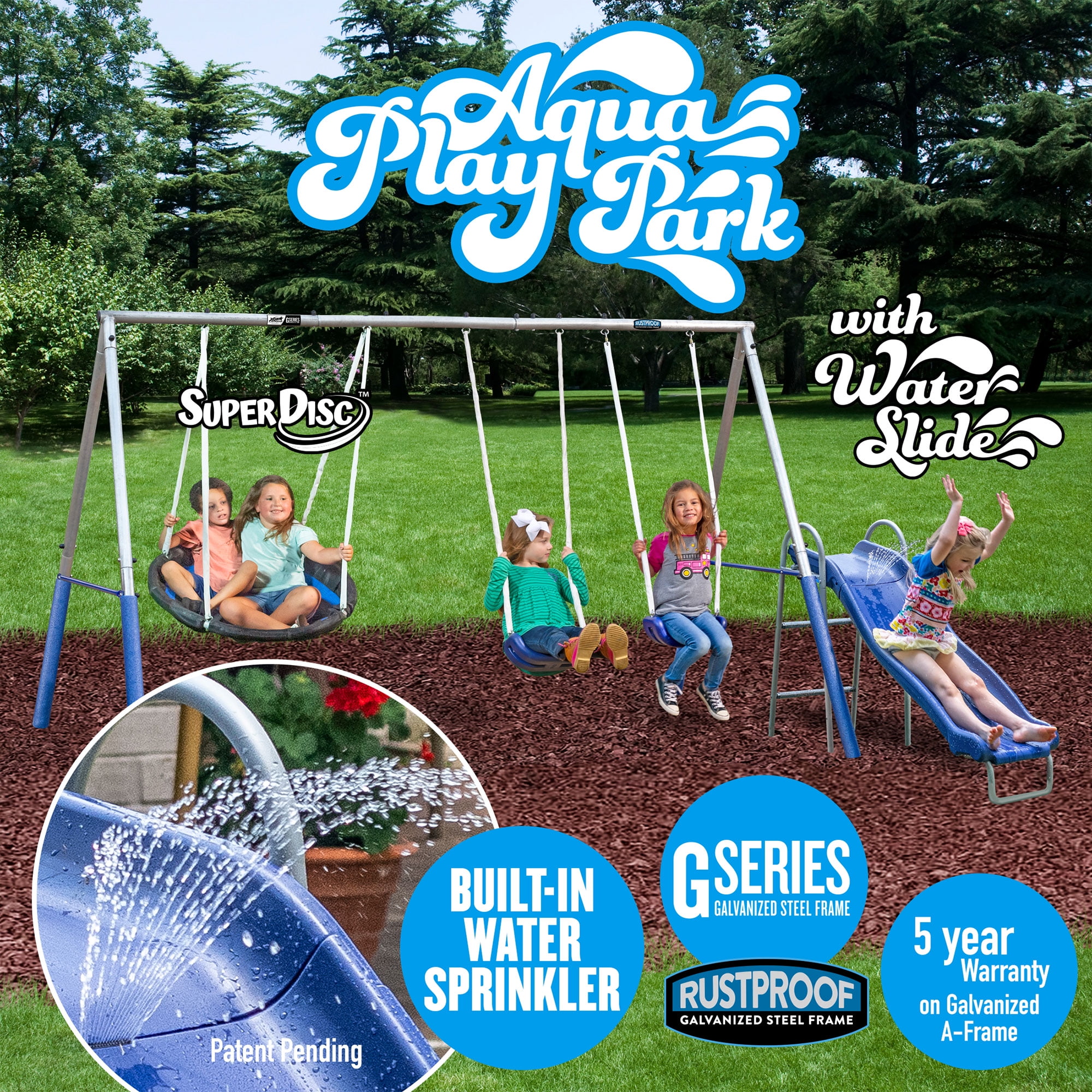 XDP Recreation Aqua Play Park Swing Set and Water Slide with Tarp, 2 Swings, and a Disc Swing
