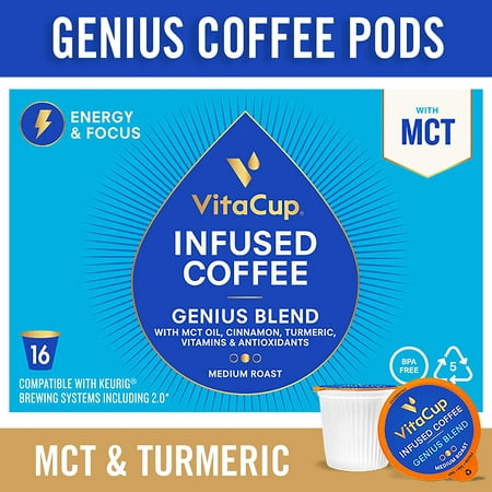 VitaCup Genius Blend Coffee Pods 16ct with MCT, Turmeric, Vitamins, Cinnamon, Keto|Paleo|Whole30 Friendly, B12, B9, B6, B5, B1, D3, Compatible with K-Cup Brewers Including Keurig 2.0, Top Rated (Best Rated K Cup Coffee)