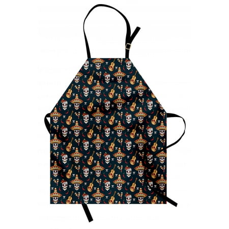 Pepper Apron - Mexican Apron Detailed Artistic Floral Sugar Skulls with Sombrero Hats Chili Peppers and Guitars, Unisex Kitchen Bib Apron with Adjustable Neck for Cooking Baking Gardening, Multicolor, by Ambesonne