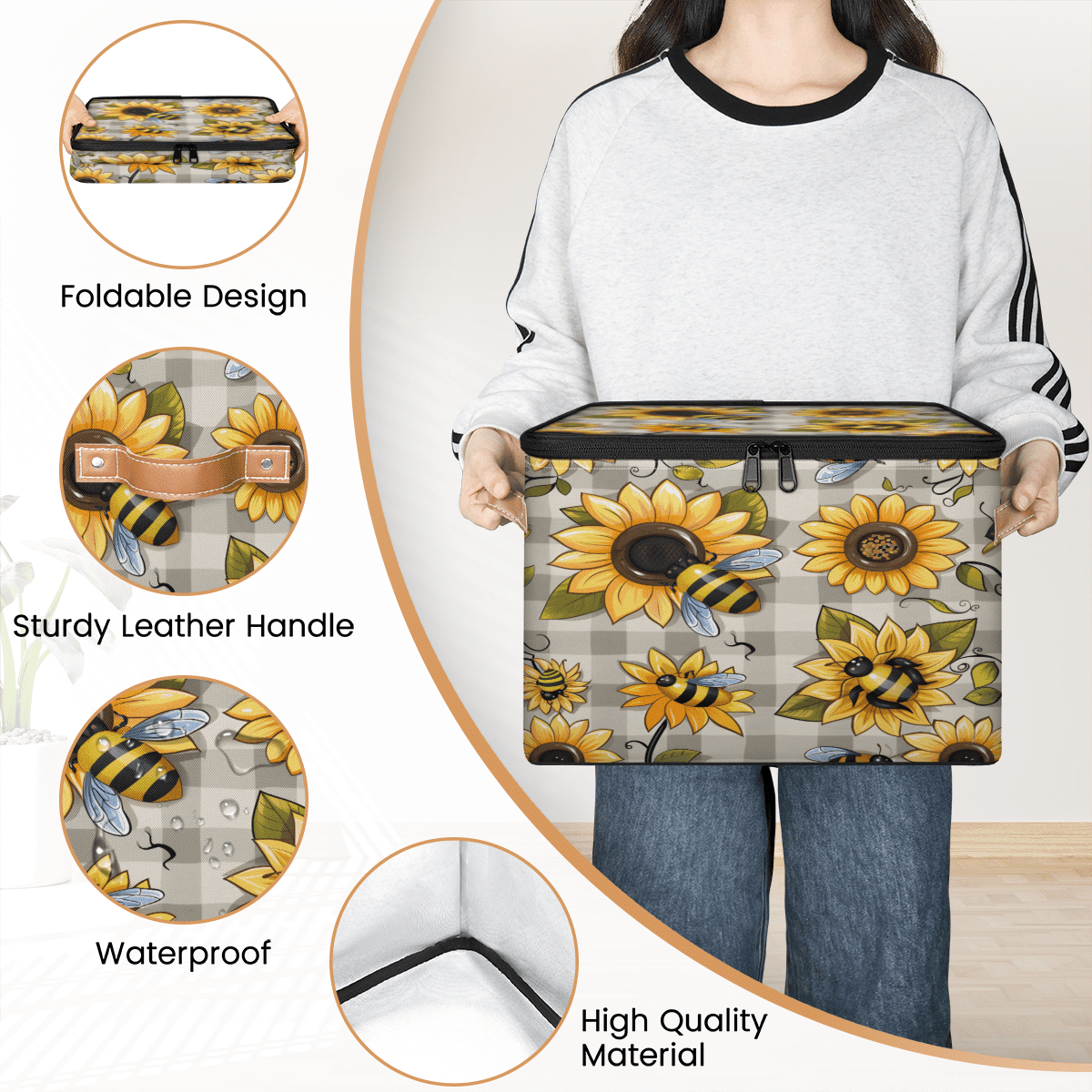 CURLYOOT Bee Fabric Storage Bins with Lids, Bee Floral Foldable Storage Boxes Washable Storage Cube, Closet Bedroom Home Organizer Containers with PU Leather Handles