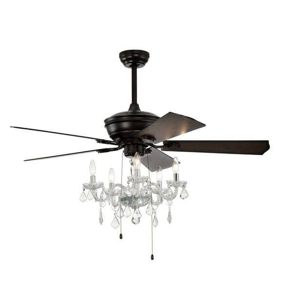 Izzovium 52 Inch Reversible Blade Ceiling Fan with Crystal Light, 3 Speeds, Hand Pull Chain, Matte Black Finish