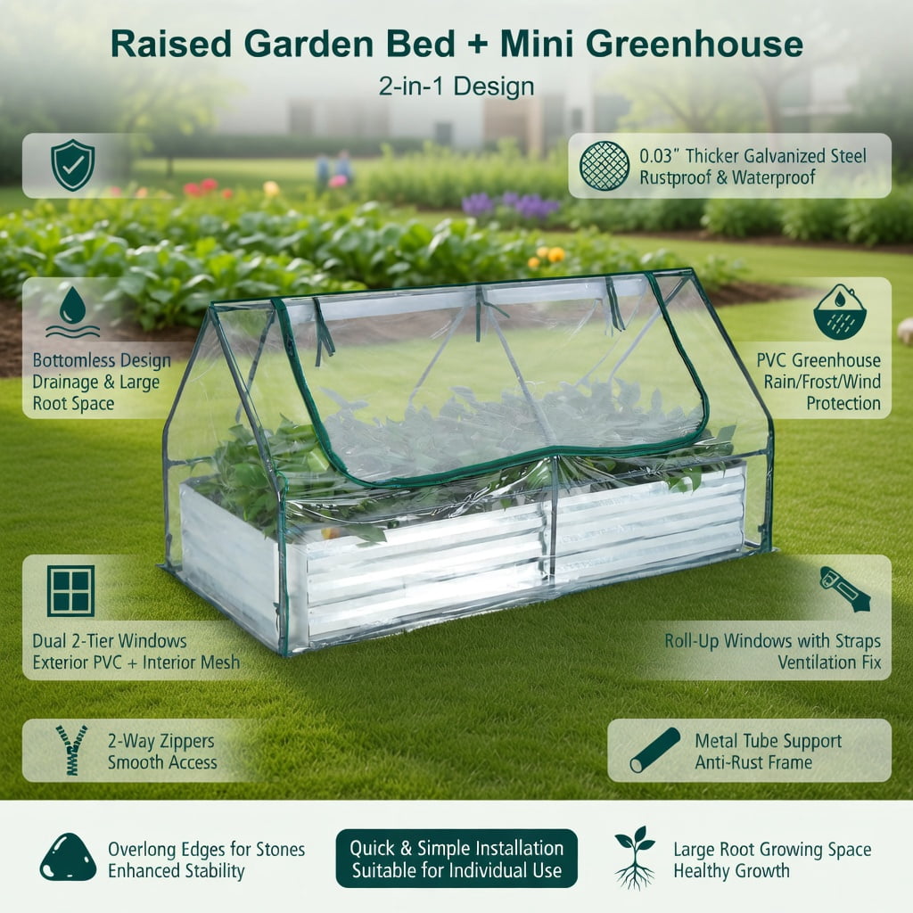 Demifill 6 x 3 x 3 Feet Galvanized Raised Garden Bed with Greenhouse, Greenhouse with PVC Cover and 2-Tier Windows, Clear