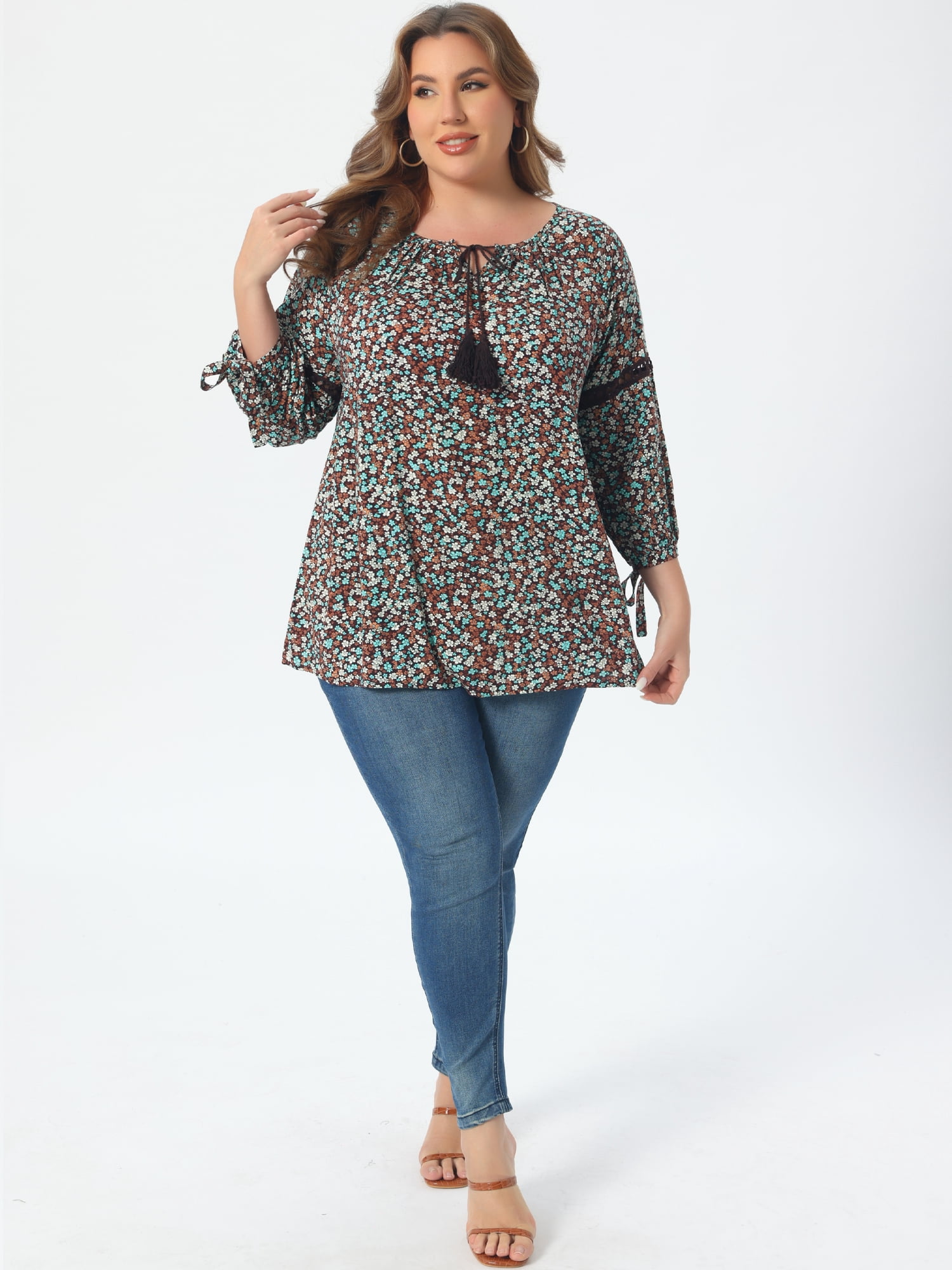 DARING DIVA Women's Plus Tie-Neck Raglan Sleeves Hollow Out Top 4X Dark Brown