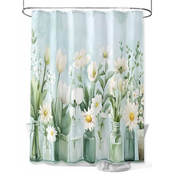 Fsddascl Spring Floral Shower Curtain Set - 54" x 78" Washable Bathtub Curtain with 12 Hooks, Summer Daisy Tulip Flowers Vases Waterproof Fabric Stall Shower Curtains for Bathroom/Bathtub Décor