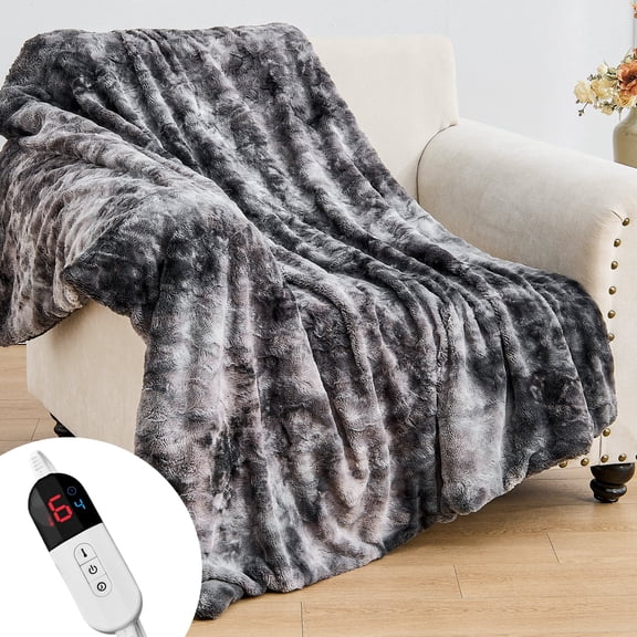 Dhole Heated Blanket Electric Throw - 50"x60" Heating Blanket Throw 4 Hours Auto-Off 6 Heat Level Over-Heat Protection Luxury Faux Fur Sherpa ETL Certification-Gray