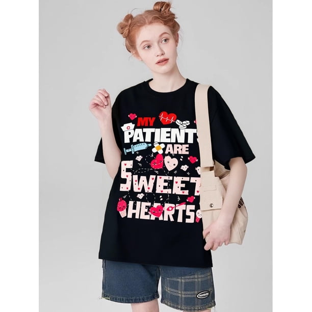 Funny Valentine's Day 'My Patients Are Sweet Hearts' Cotton T-Shirt - Casual & Comfy, Perfect for CoCamisetas para mujer, lindas camisetas con estampado gráfico, de manga corta, estilo casual, para ve