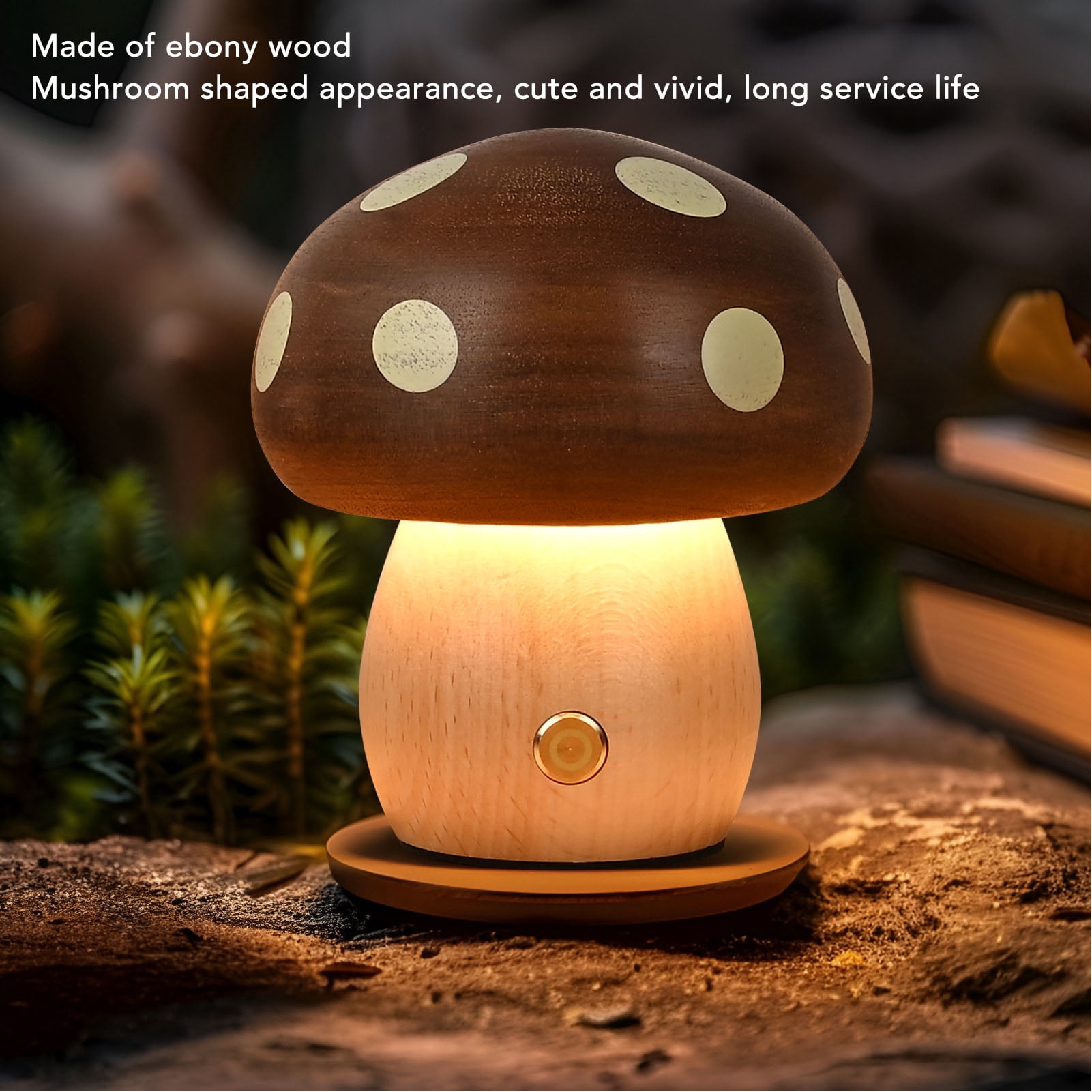 NFTIGB Wooden Mushroom LED Table Lamp for Bedroom, Rechargeable Bedside Nightstand Touch Lamp with Warm Light, Stepless Dimming, Ebony Wood Home Decor Accent Lamp, 3.9 inches / 10 cm Height