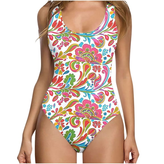 CLOISE Womens Swimsuit One Piece Swimwear Full Coverage Flowers Bathing Suit Backless Vacation Beachwear Multicolor XL