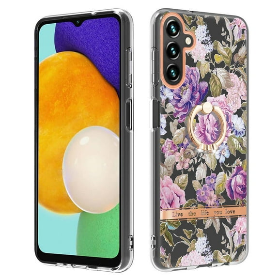 TECH CIRCLE For Galaxy A14 5G Case,360 Rotatable Flower Pattern Shiny Ring Holder Kickstand Soft TPU Girls Women Case Shockproof Protective Phone Case for Samsung Galaxy A14 5G 6.6" 2023,Lilac
