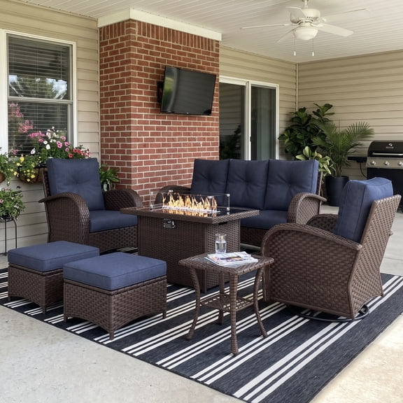 LayinSun 7 Pieces Outdoor Patio Furniture Set with Fire Pit Table, Rattan Wicker Sectional Swivel Rocker Chairs Sets