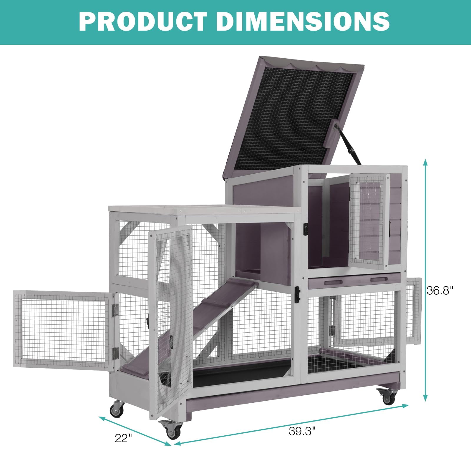 Aivituvin Wooden Rabbit Cage on Wheels Indoor Rabbit Hutch for 2-4 Rabbit Guinea Pig Bunny Small Animal Cage with Leakproof Tray Chewproof Ramp Gray