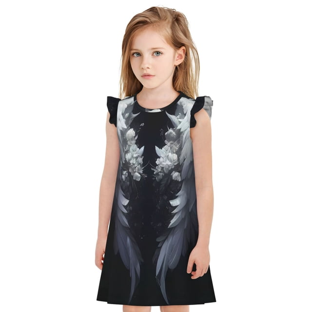 Fotbe Elegant Feathered Floral Wings Vestido de Dormir para Niñas de 3 a 10 Años, Mangas Cortas, Estilo Princesa, Pijama Camisón con Mangas Voladas-XX-Large