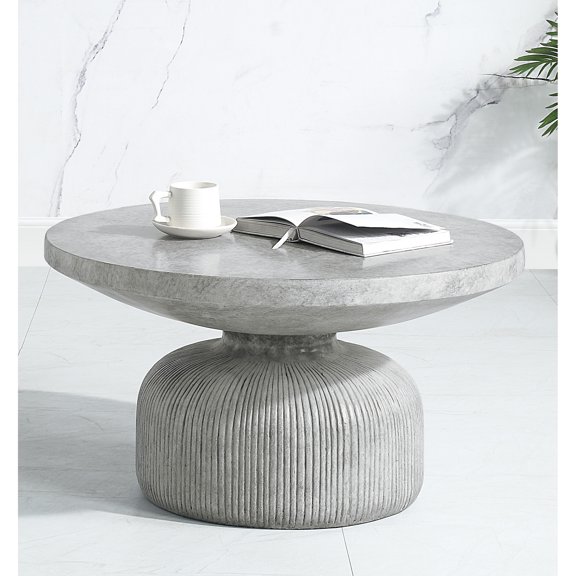 Fashionable Weathered Grey Cement Coffee Table With Round Top & Pedestal Impressive Deck And
