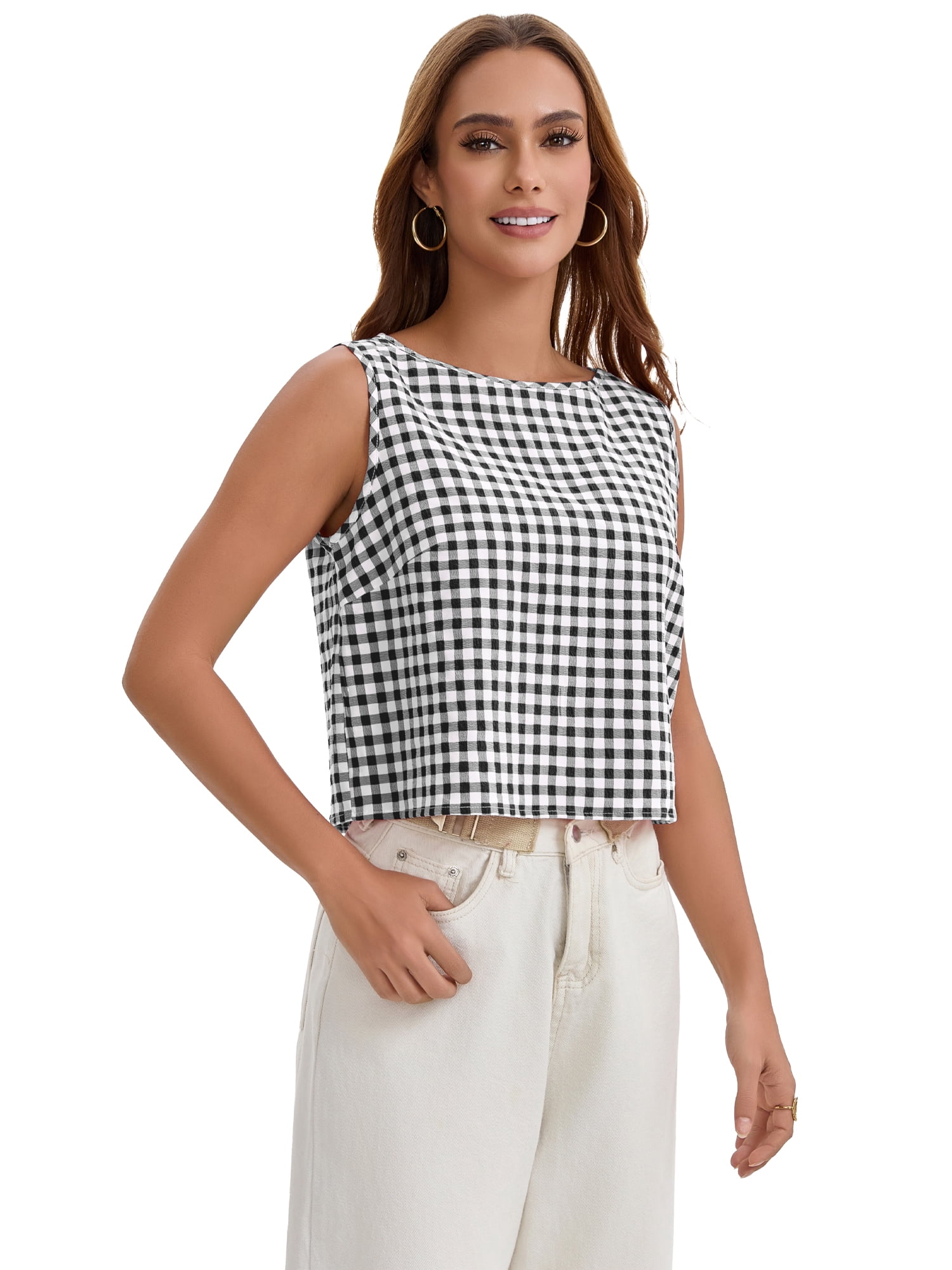 DARING DIVA Women's Gingham Summer Crop Tank Tops Button Back Sleeveless Shirts L Black