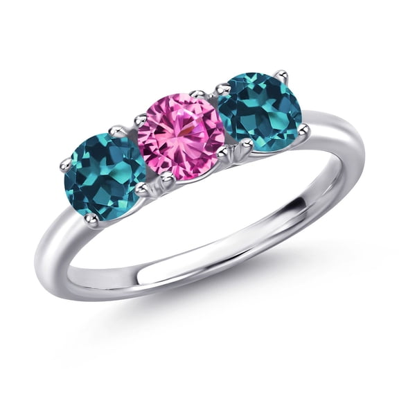 Gem Stone King 925 Sterling Silver Pink Created Sapphire and London Blue Topaz Engagement Ring for Women | 1.95 Cttw | Round 5MM | Gemstone September Birthstone | Size 5