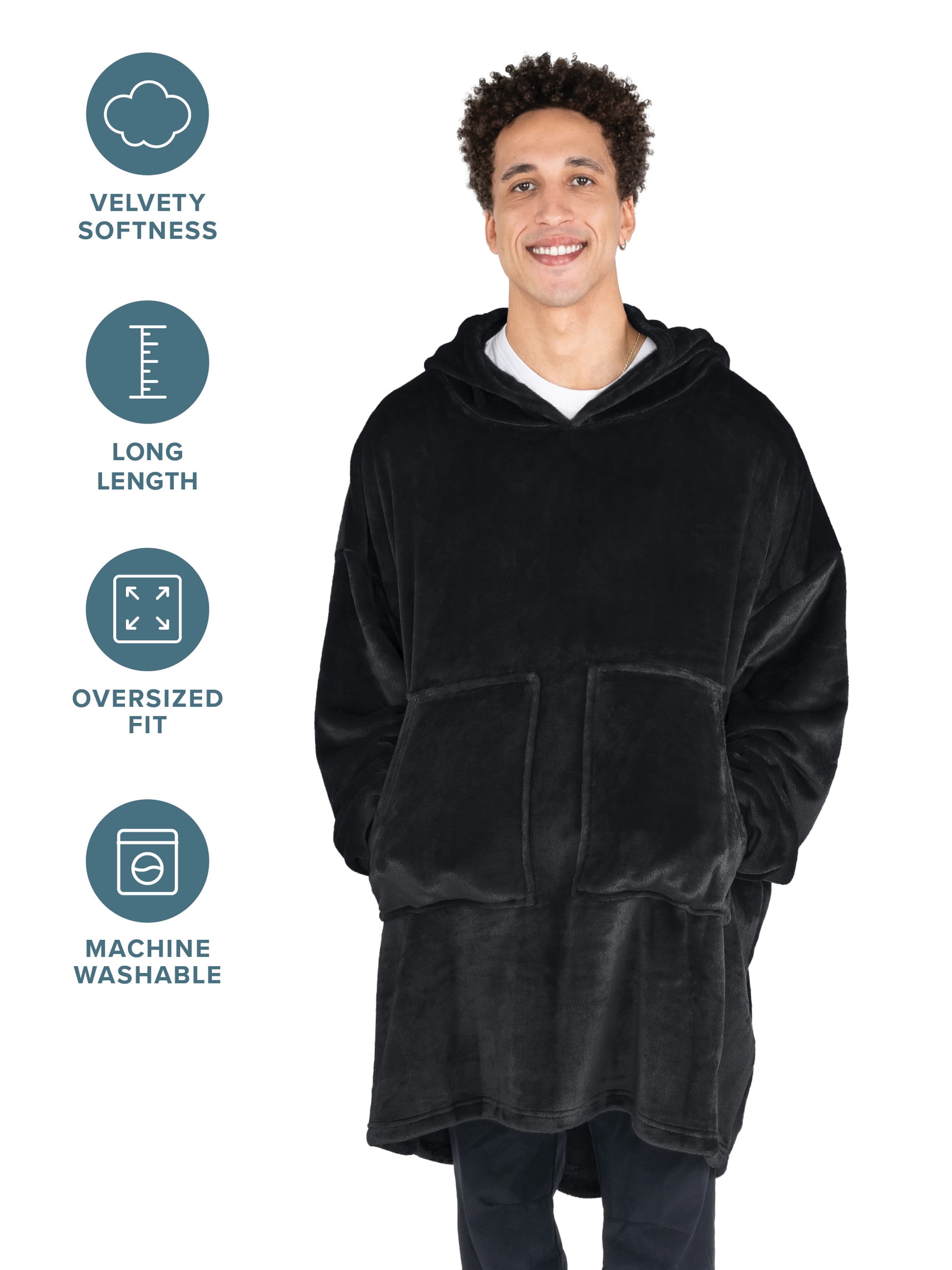 Bare Homey Adult Size Microplush Wearable Blanket, Split Front Pocket, Black