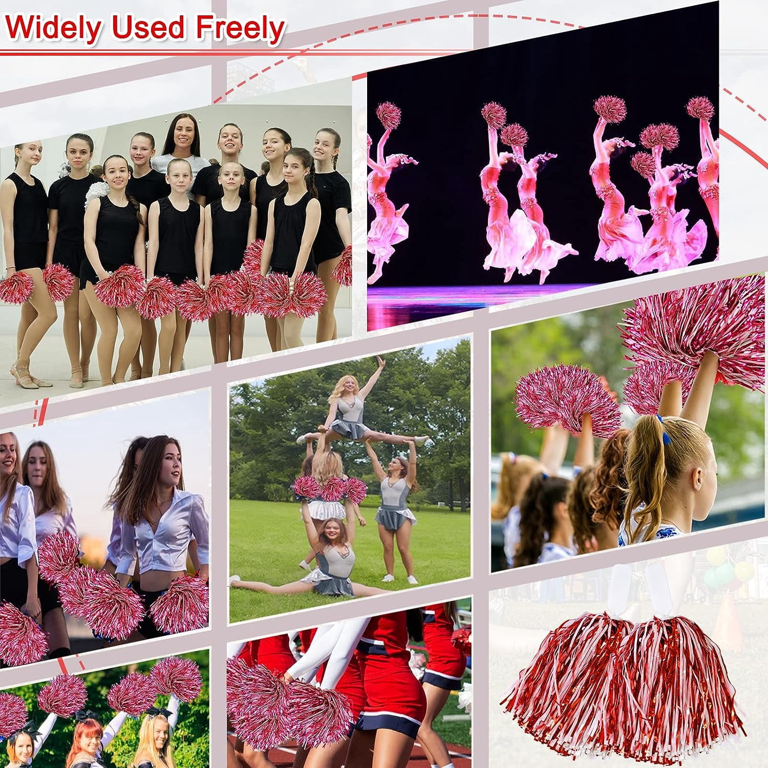 LINLIN 12Pcs Handheld Cheerleading Pom Poms, Metallic Foil Cheerleader Pompoms Hand Flowers for Team Spirit Sports Games Dance Party Durable & Lightweight
