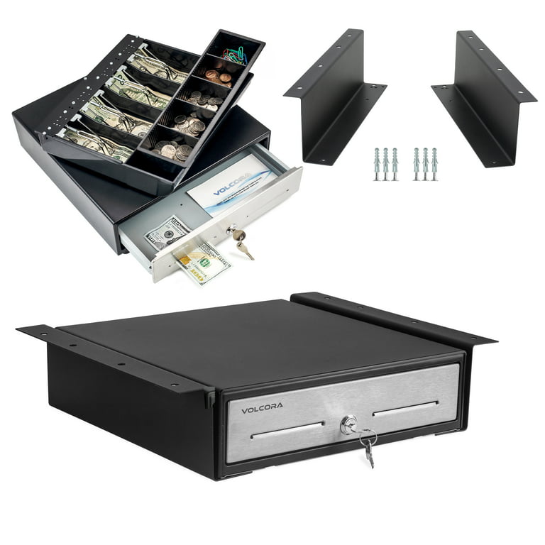 Cash Register Drawer with Under Counter Mounting Bracket - 13 Black Cash  Drawer for POS, Stainless Steel Front, 4 Bill 5 Coin, Fully Removable 2  Tier Cash Tray, 24V RJ11/RJ12 Key-Lock, 2