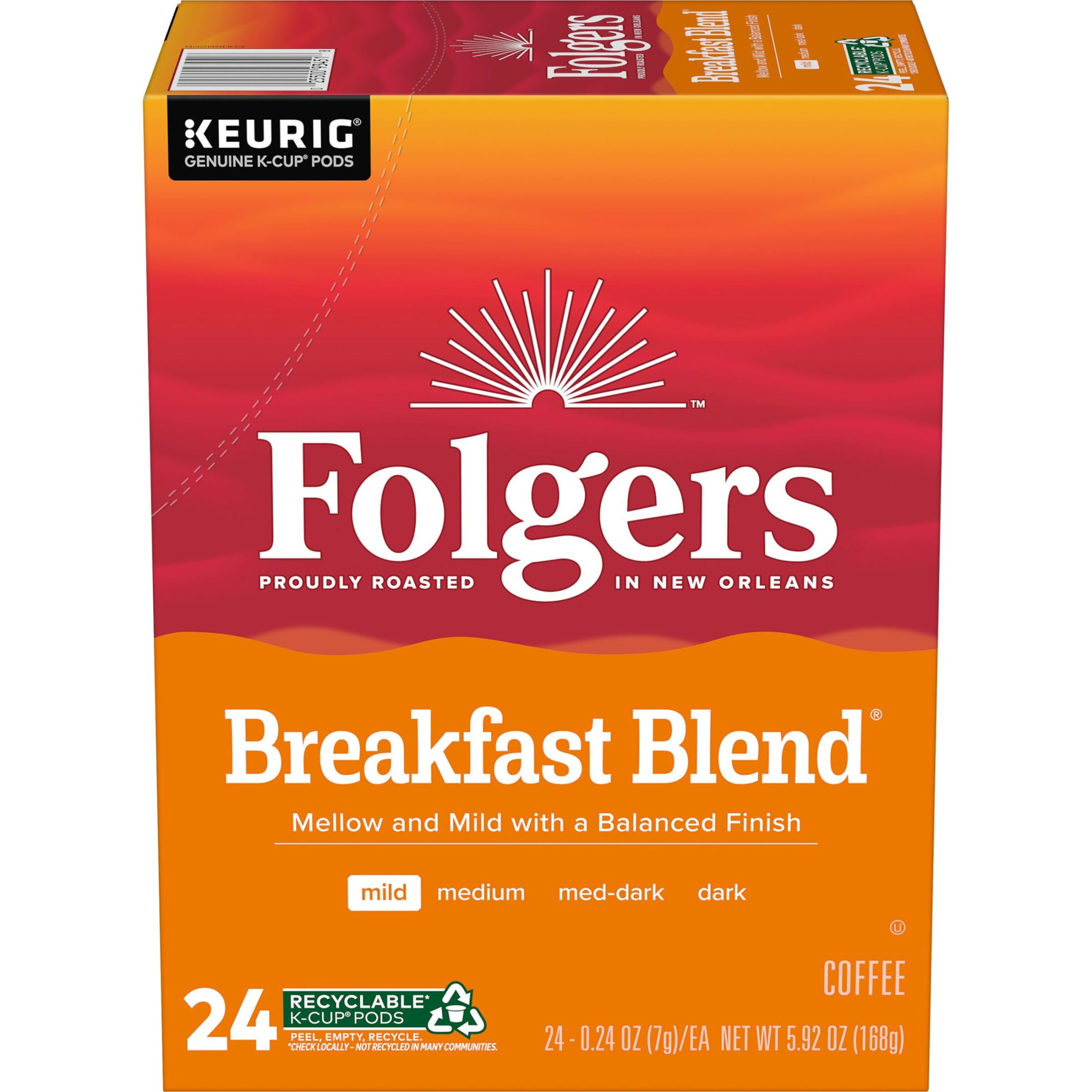 (4 pack) Folgers Breakfast Blend, Mild Roast Coffee, Keurig K Cup Pods, 24 Count Box