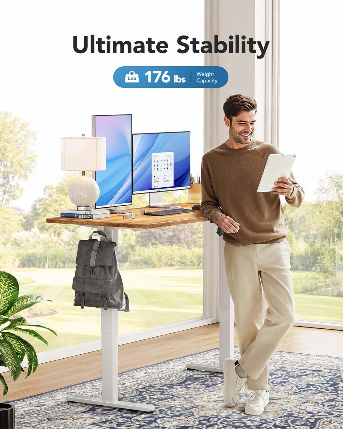 Kyspho 60" x 24" One Piece Electric Standing Desk, Height Adjustable Computer Desk with 4 Height Memory Settings, Sit Stand up Desk for Home Office, Light Brown