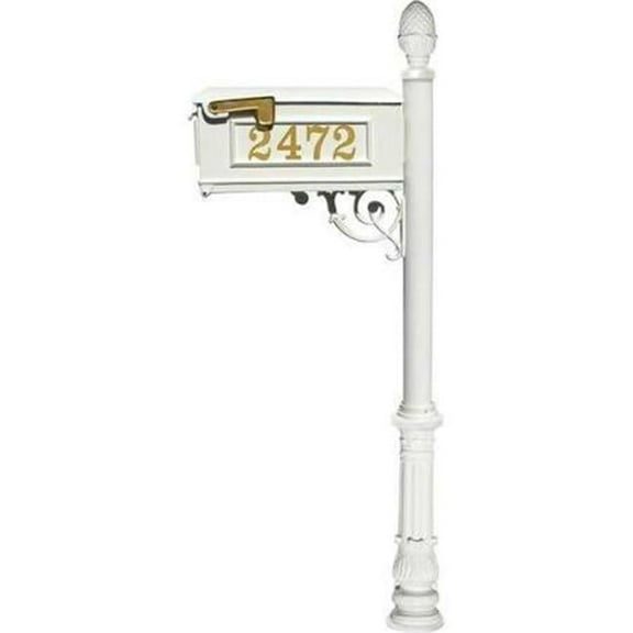 Lewiston Mailbox post system with fluted base, ball finial and 3 cast aluminum personalized address plates , White