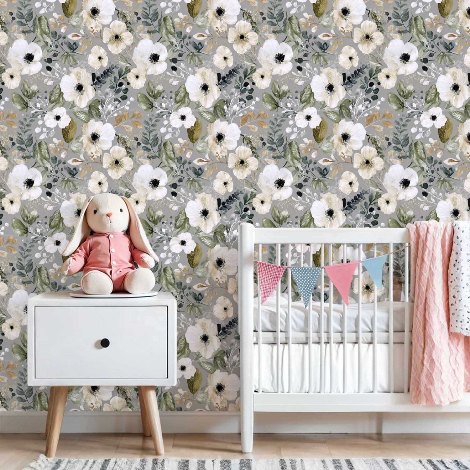 Peel and Stick Wallpaper 23.6in x 9.8ft Floral White Anemones Greenery Soft Gold Accents Grey Contact Paper Vinyl Self-Adhesive Removable Wall Paper for Bedroom Kitchen Cabinet Renter Friendly