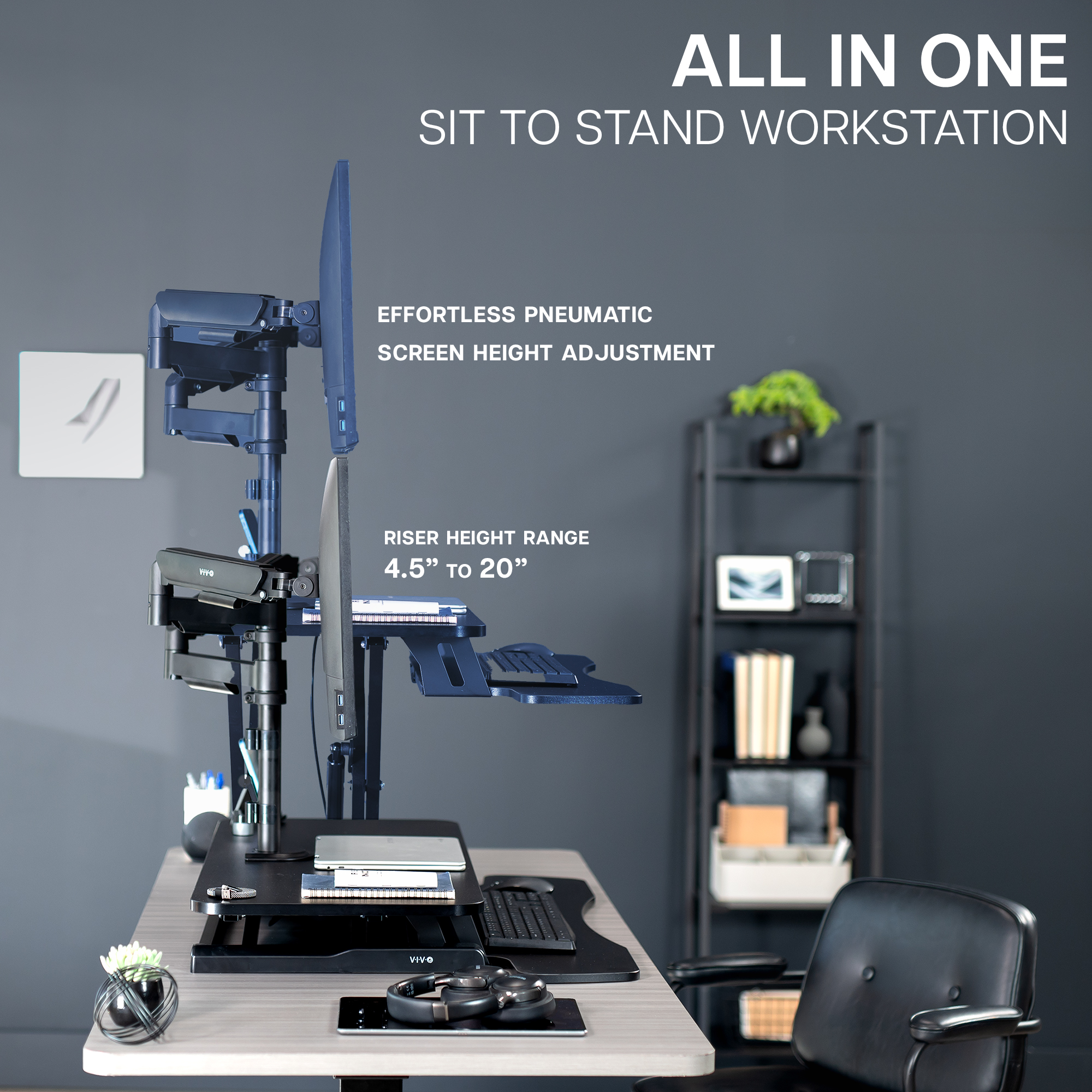 VIVO Black 36" Standing Desk Riser with Dual Monitor Arm for up to 32" Screens