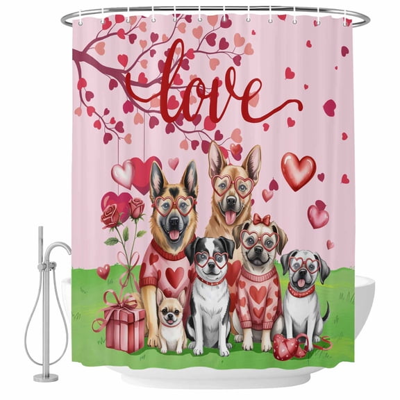 Valentine's Day Shower Curtain Set - Small 36" x 72" Washable Bathtub Curtain with 12 Hooks, Watercolor Funny Dogs Love Roses Spring Pink Waterproof Fabric Stall Shower Curtains for Bathroom Décor