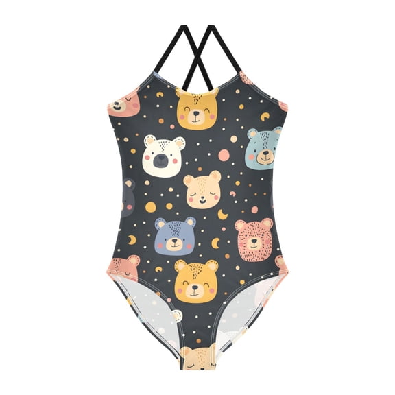 Spaghetti Strap Bear with Face One Piece Swimsuit Stretch Beach Sport Bathing Suit Size 3T-10T