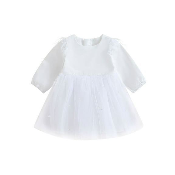 Bagilaanoe Toddler Baby Girl Party Dress White Long Sleeve A-line Princess Dresses 9M 12M 18M 24M 3T 4T Kid Fall Feather Patchwork Tulle Skirt