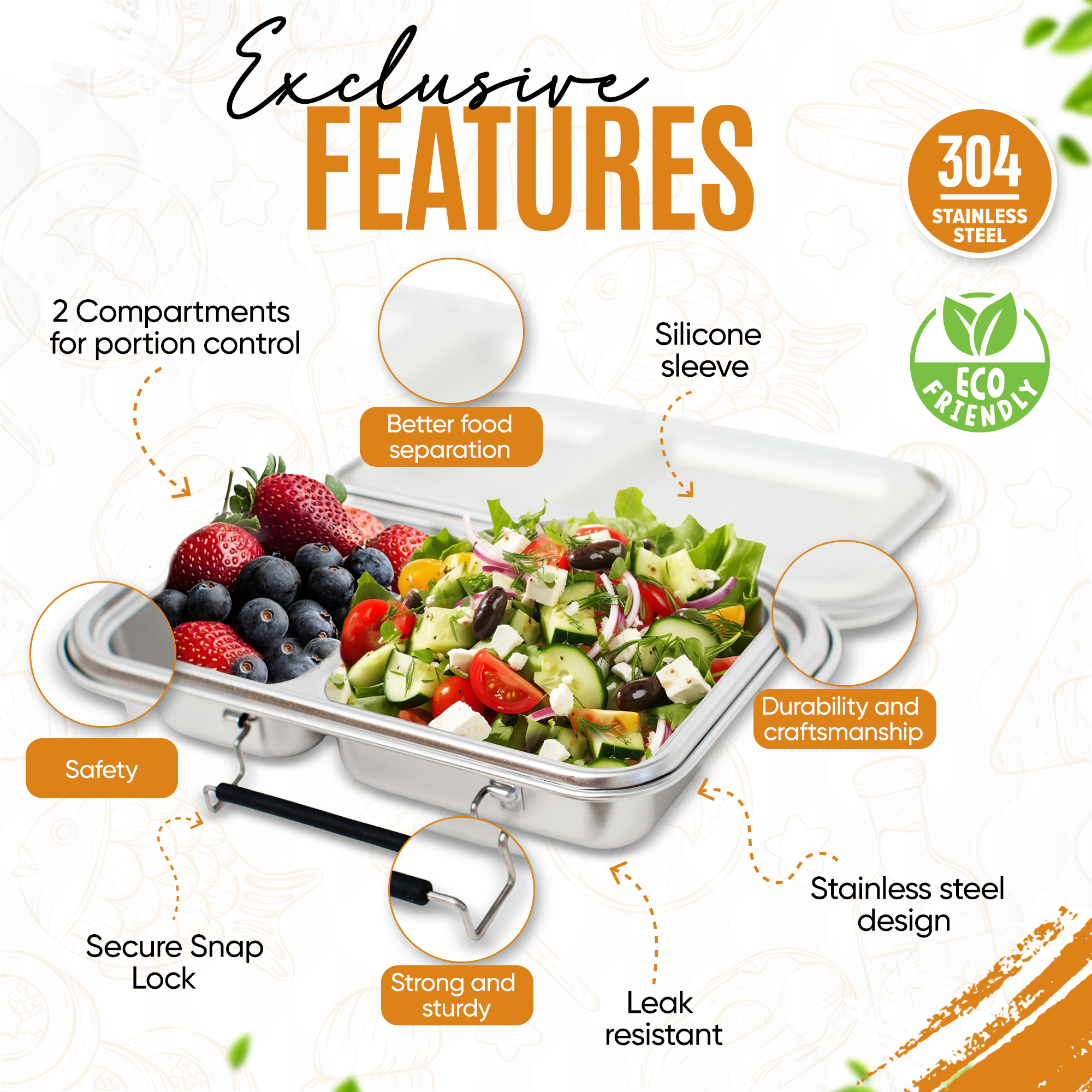 ZandH Global Stainless Steel Bento Lunch Box, 2 Compartments w/Utensils, Leak Resistant and Dishwasher Safe.