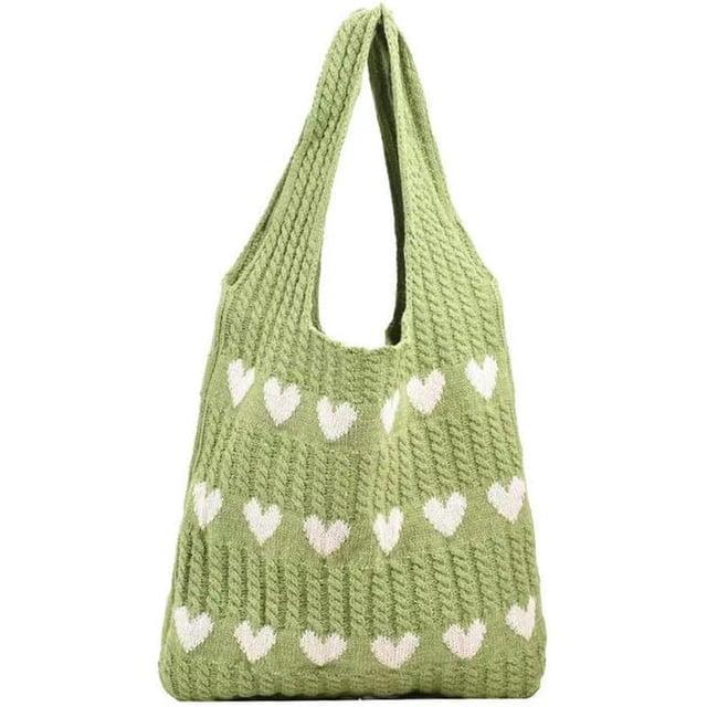 LHSHIDU Crochet Tote Bag Cute Aesthetic Bag Hearts Pattern Knitted Shoulder Bag Hollow Beach Bag for Women
