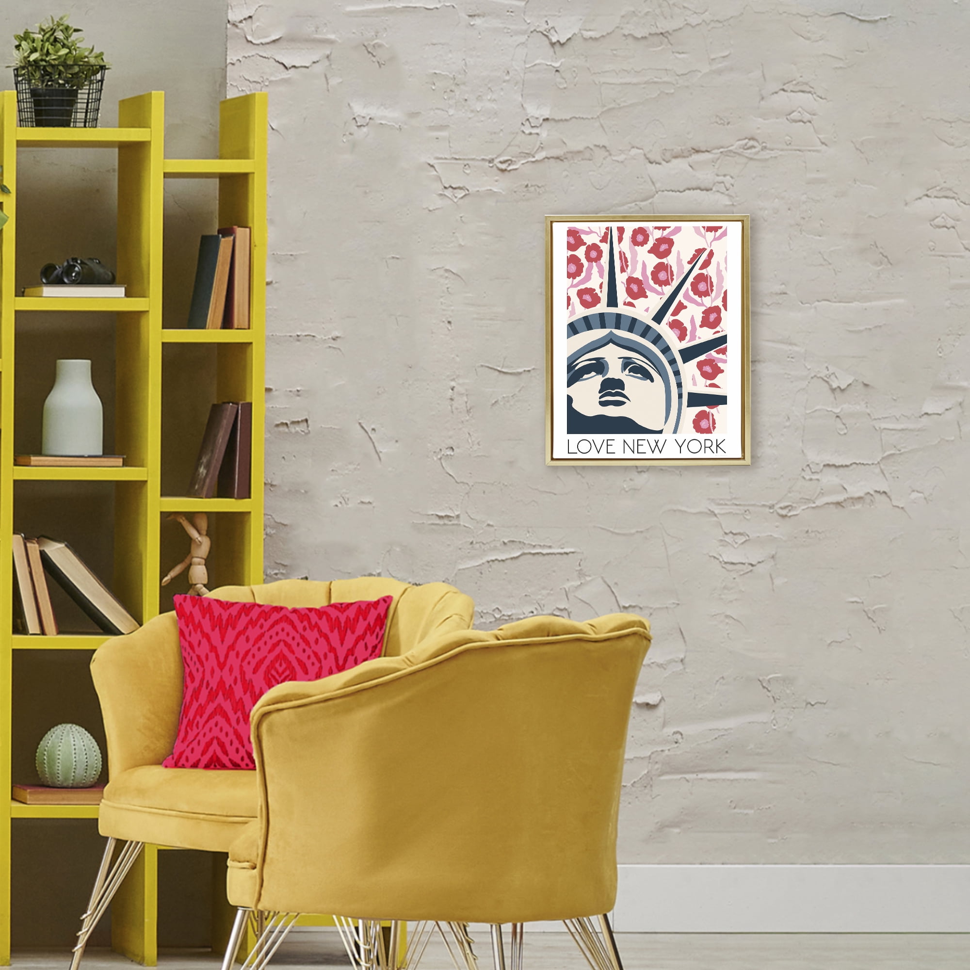Stupell Industries Groovy Florals Love New York Gold Framed Floater Canvas Wall Art, design by Omar Escalante