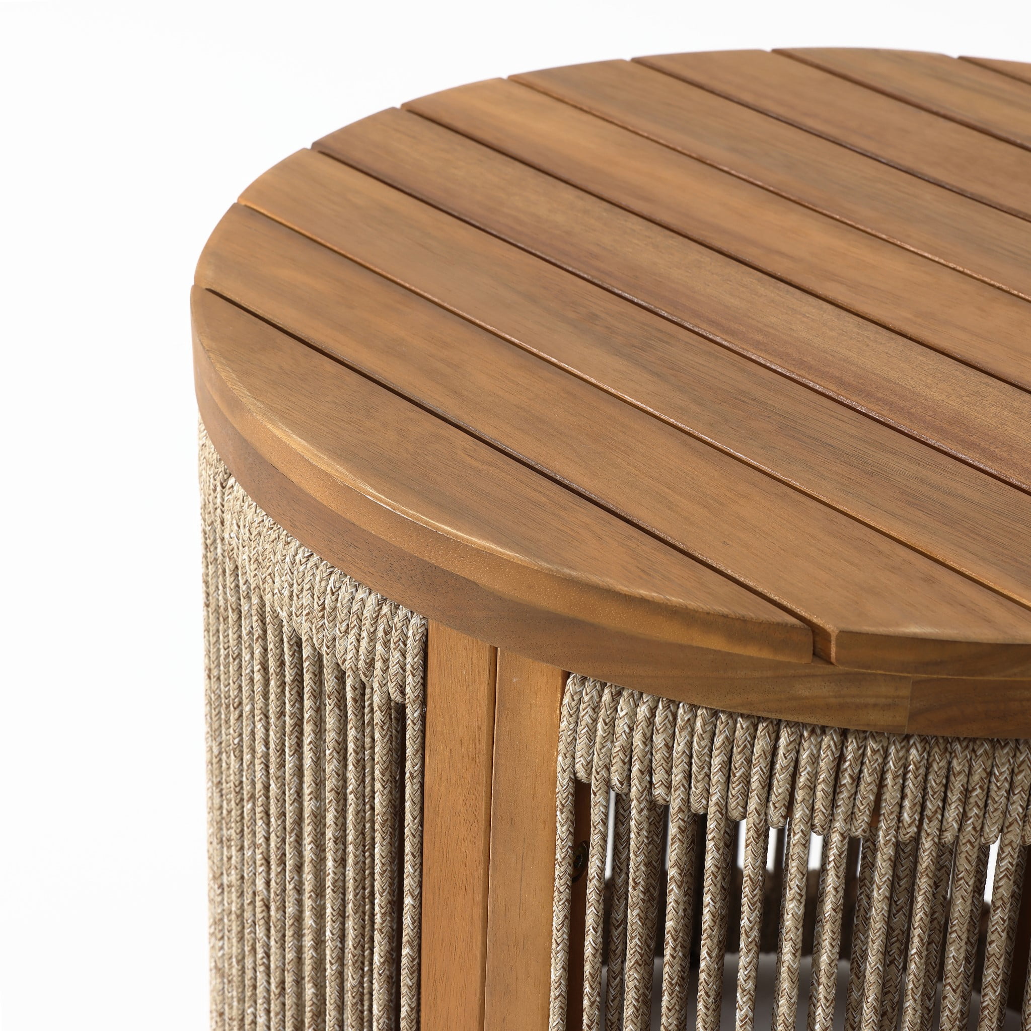 LuxenHome Outdoor Acacia Wood Rope Sides Round Drum Side and End Tables