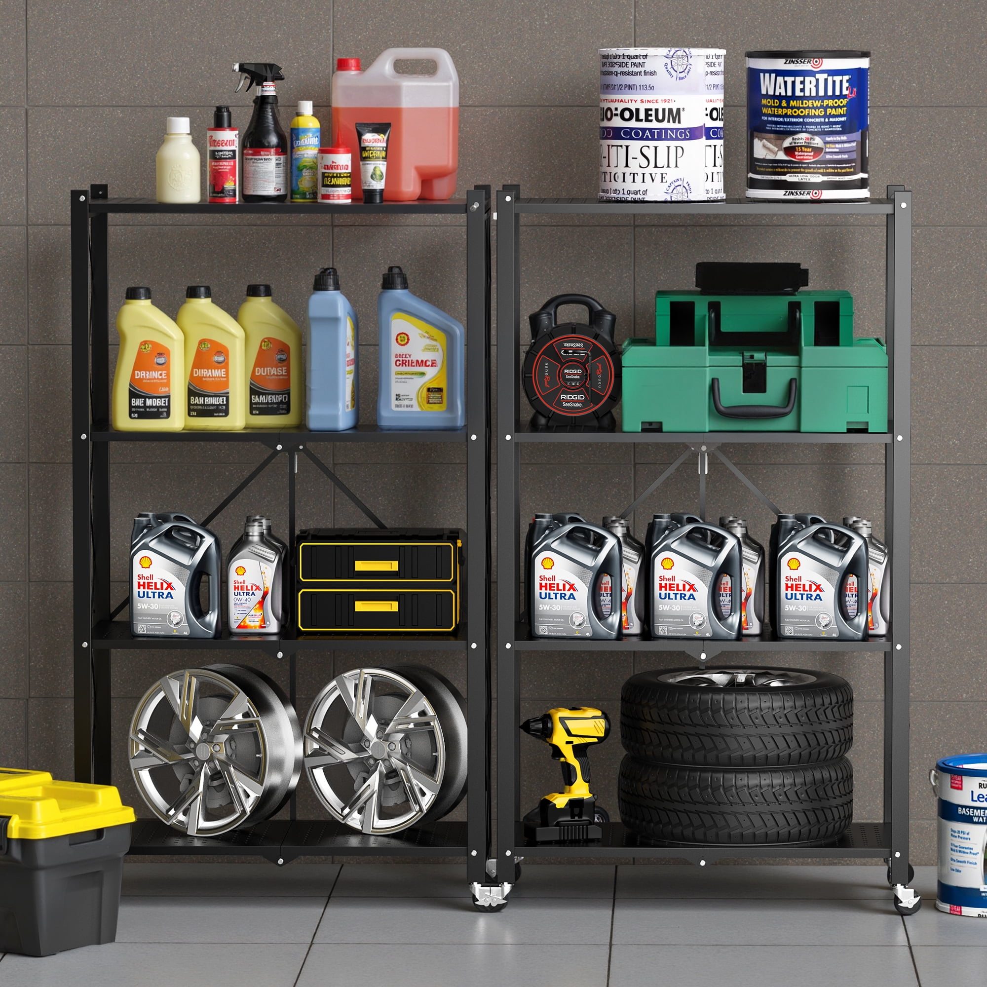 GVDV 4-Tier Metal Storage Shelf,28"Wx13"Dx 49"H Foldable Shelving Unit with Wheels for Garage, Kitchen