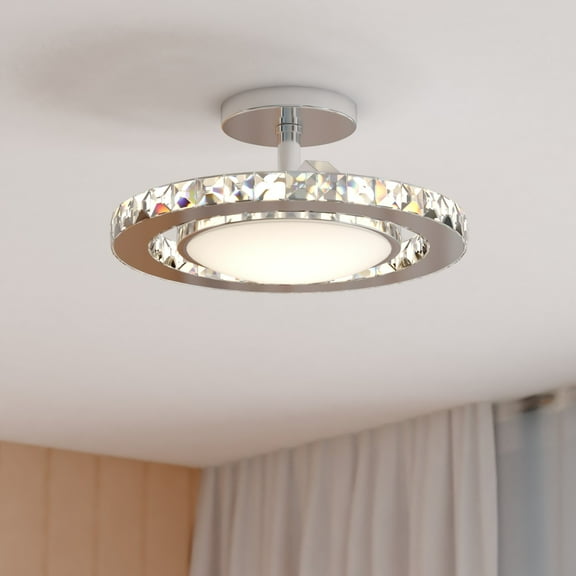 Clara 12.25-in W Integrated LED Satin Nickel Crystal Glam Semi Flush Mount Ceiling Light