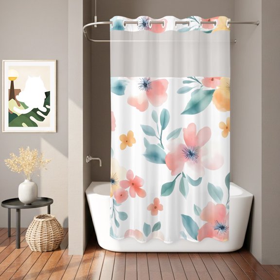 Watercolor Flower Shower Curtain, Retro Red Yellow Floral Garden Waterproof No Hooks Bath Shower Curtain with See Through Top Window for Bathroom Bathtub 36x72in