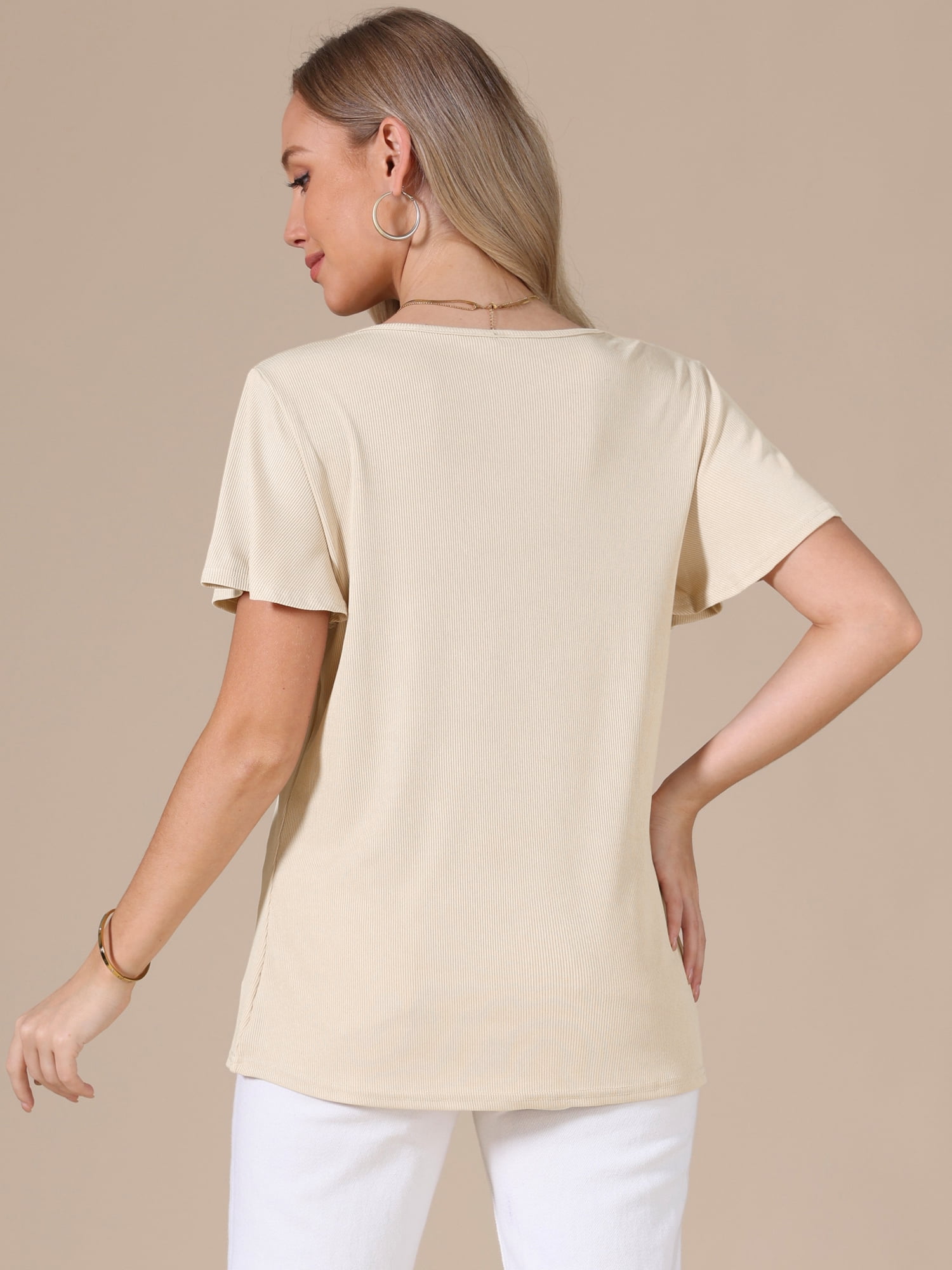 DARING DIVA Women's Short Sleeve Shirts V Neck Dressy Casual Tunic Tops 2XL Apricot
