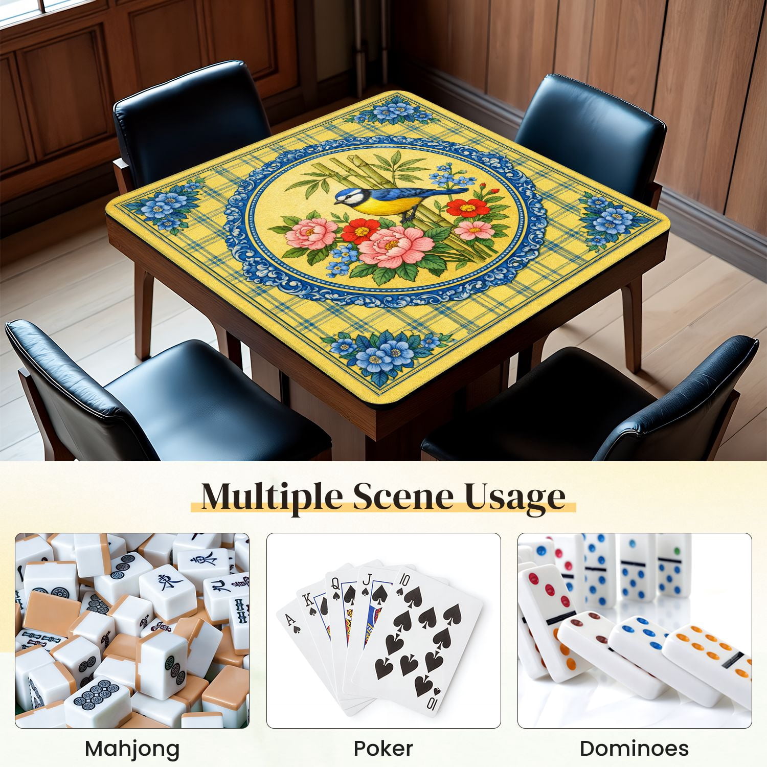Mahjong Mat 31.5" x 31.5" Blue Tit Bird Perched Colorful Floral Arrangement Bamboo Blue Flowers Non-Slip Noise Reduction Mahjong Tiles Table Cover for Dominoes Poker Card Board and Tile Games